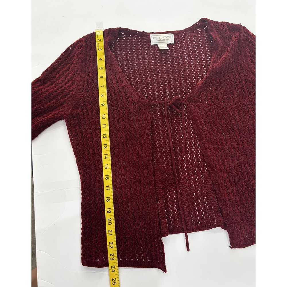 Vintage Hand Knit Velvet Tie Front Cardigan Size L 90s Vamp Whimsigoth Witchy - Picture 8 of 9